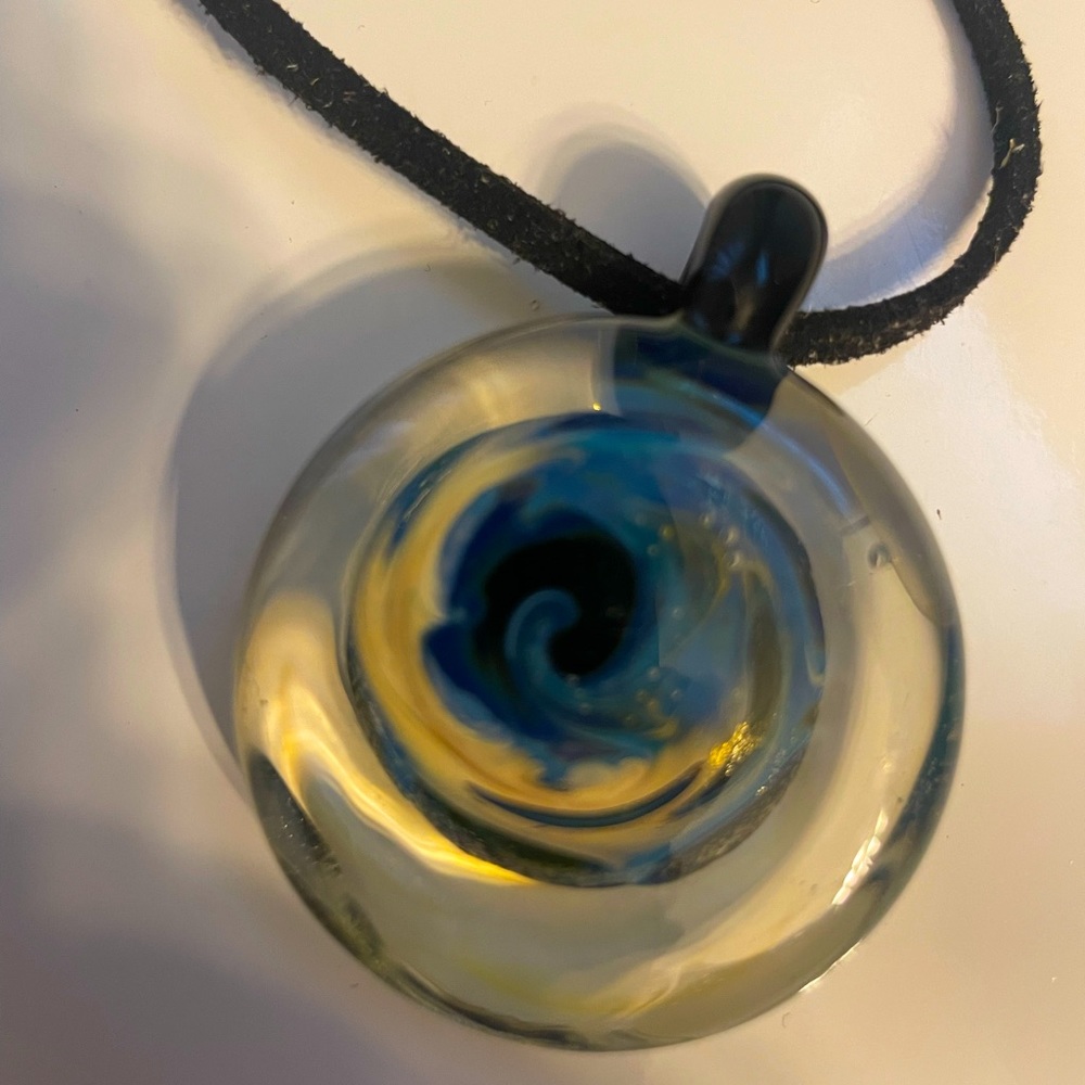 Handblown Borosilicate Round Glass “Vortex” Pendant on Vegan Suede Cord Necklace